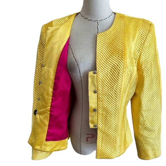 Vintage 80s Karen Lawrence Yellow Satin Pleated Evening Jacket Large - Picture 6 of 12